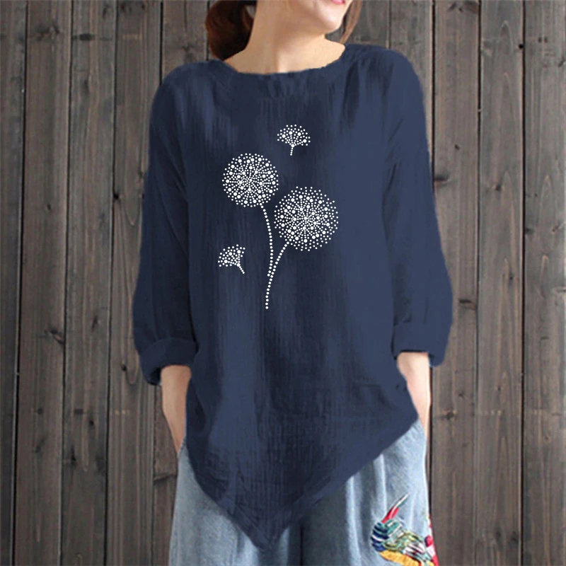 

Fashion Irregular Shirt Women's Dandelion Print Round Neck Long-Sleeved Casual Top Loose Ladies Shirt Plus Size Clothes Hot Sale