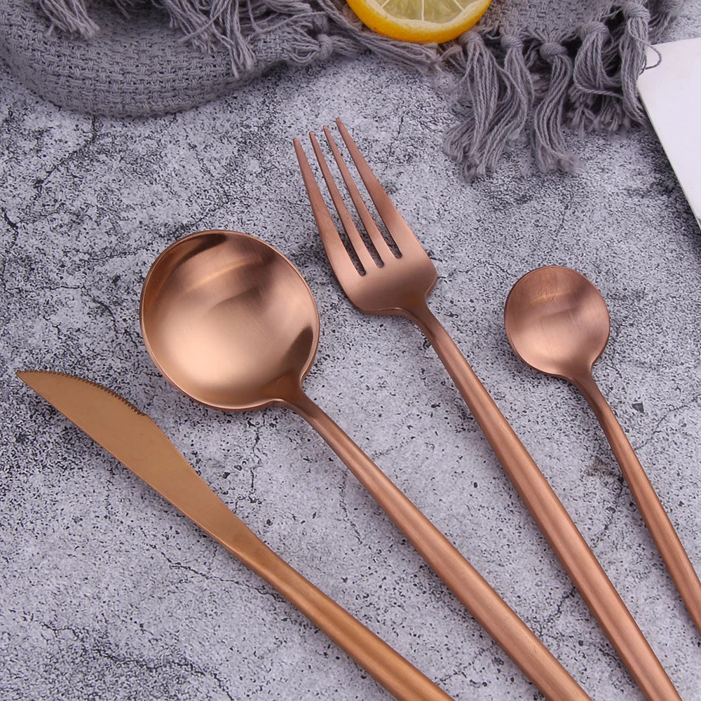 5Pcs/Lot Rose Gold Stainless Steel Cutlery Set Dessert Spoon Flatware Fork Knife Western Tableware Dinnerware | Дом и сад