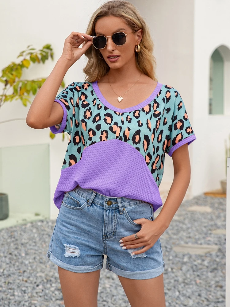 

Waffle Tshirts Women Summer Tops 2021 Trend Fashion Leopard Patchwork Tee Shirt Back Hollow Out Female Tshirt Aesthetic Clothes