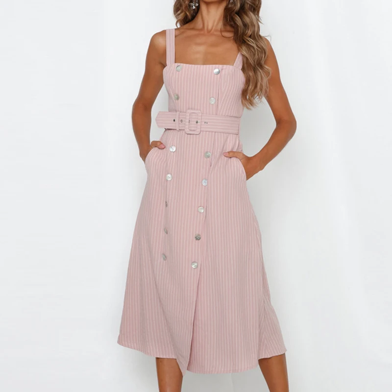 Женское винтажное двубортное платье жилет с широким поясом и карманом в полоску