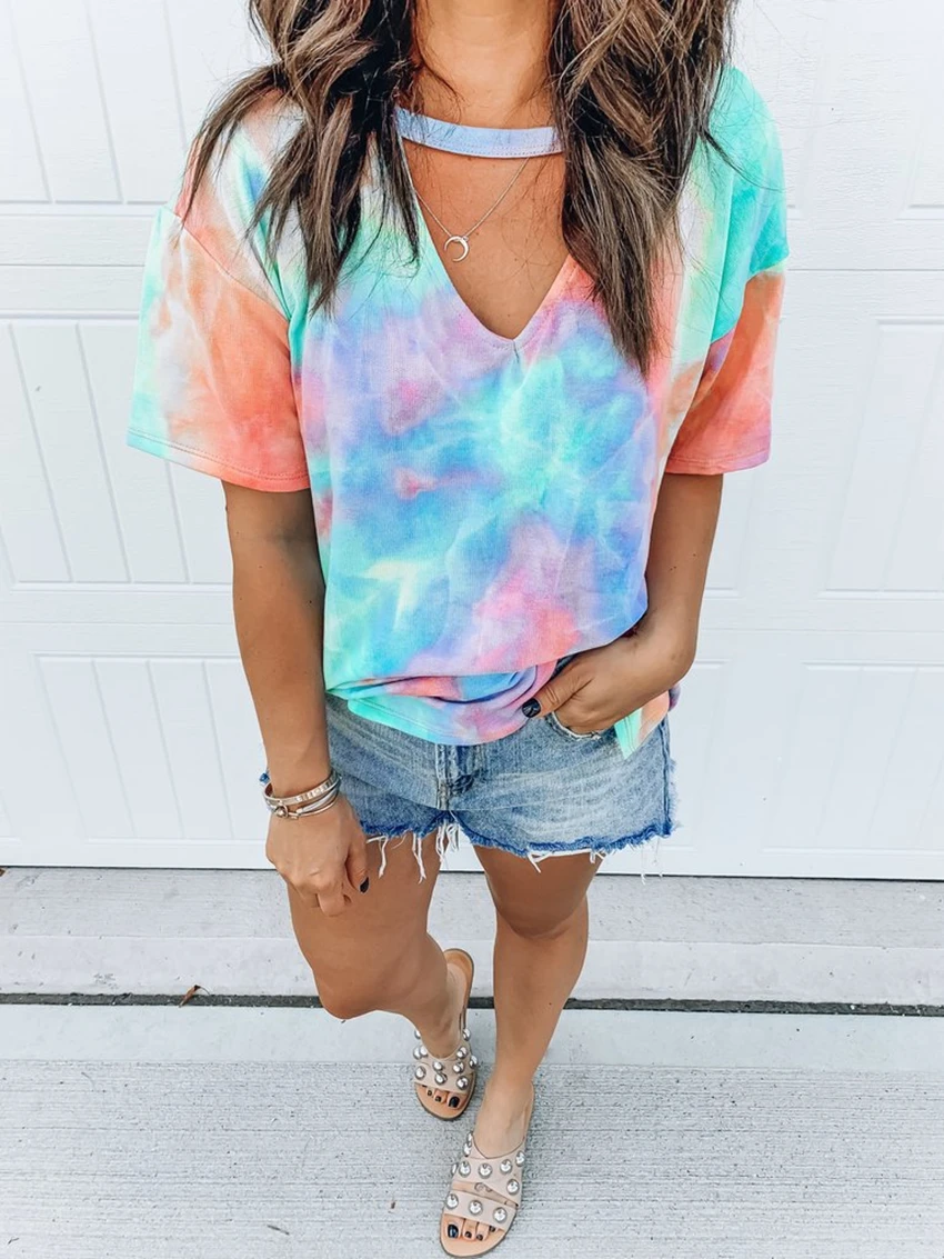 

Hollow Out T-shirt Tie Dye Tops Tee Women Summer Short Sleeve 2020 Harajuku Camiseta Mujer Femme Streetwear V-Neck Plus Size