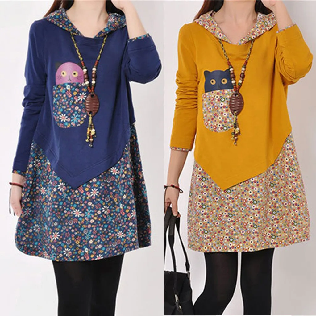 Женская блузка с капюшоном и принтом кошки свободная длинным рукавом цветочным