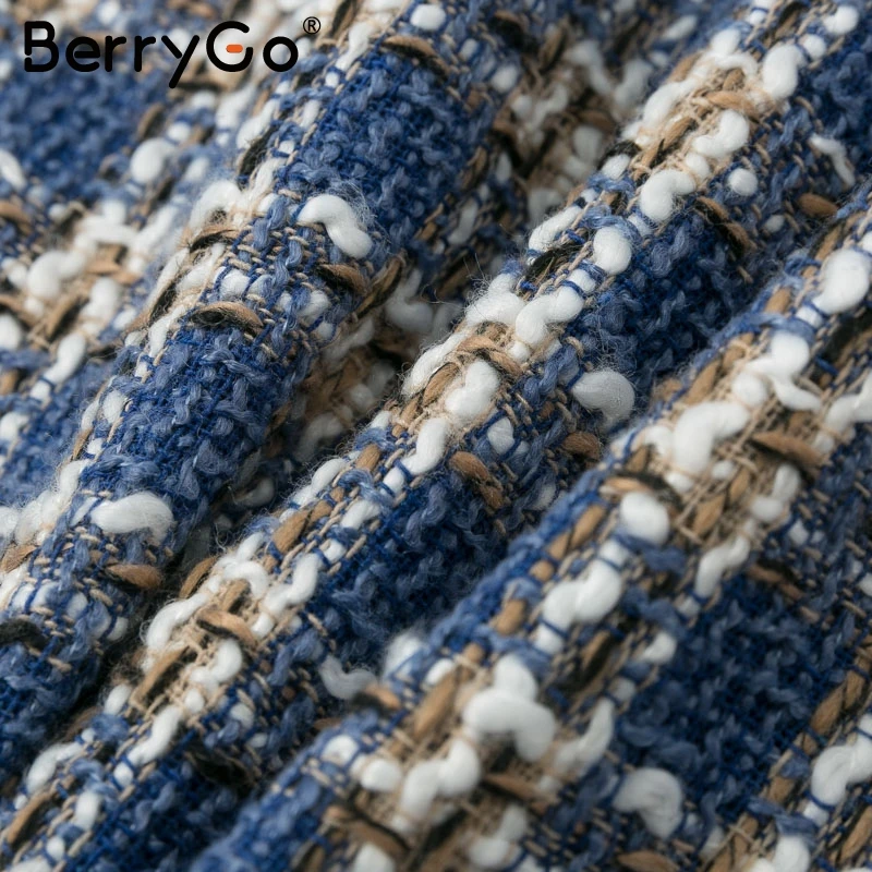 BerryGo Повседневный твидовый в клетку жакет Женское пальто свободный фонарь рукав кардиган-пончо Эластичная Высокая талия верхняя одежда женская куртка