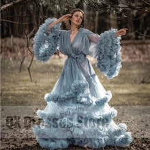 Elegante organza em camadas babados formal vestido de noite para mulher noite céu azul a linha arco vestido de festa com andar comprimento vestido (2)