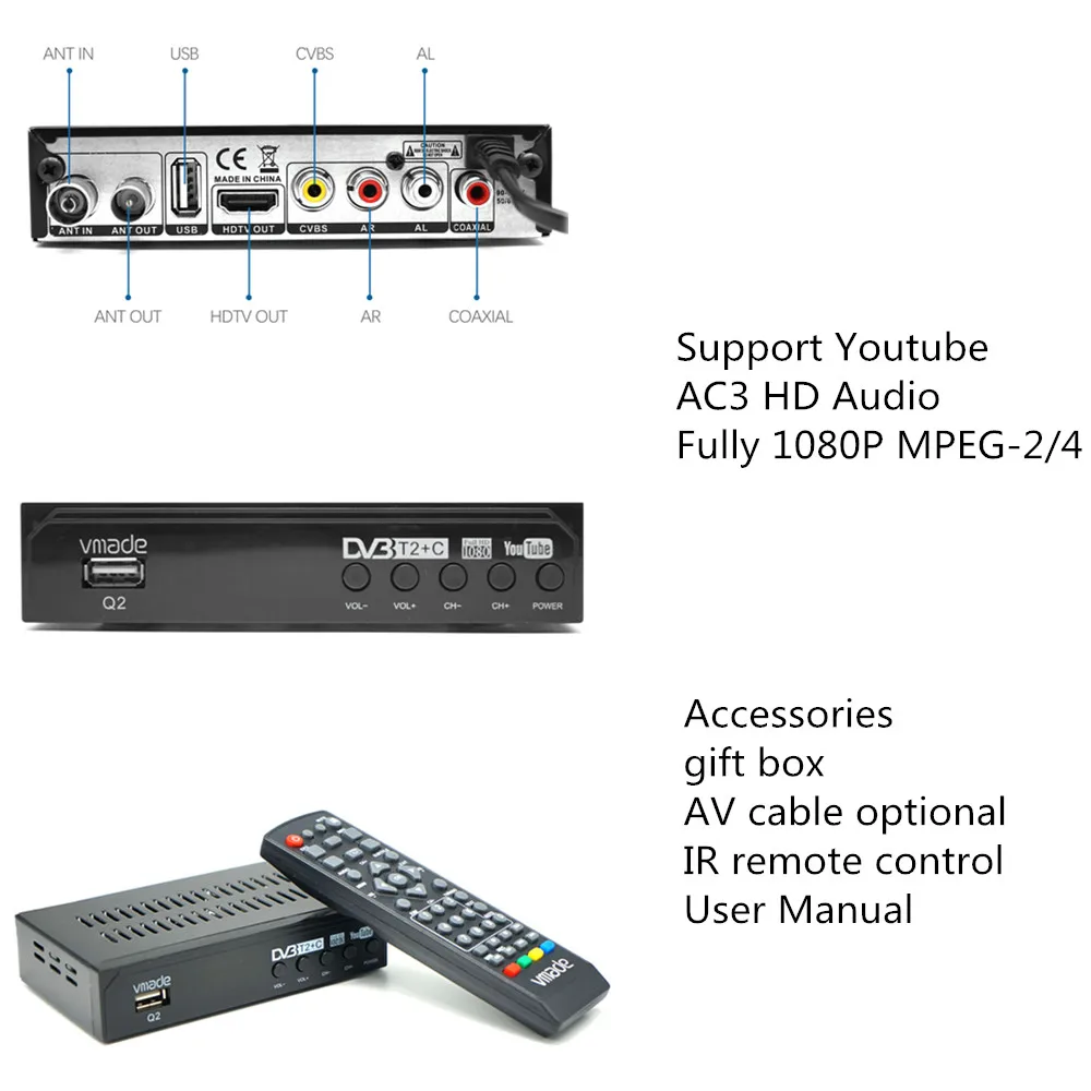 DVB-T2 DVB-C 2 в 1 HD ТВ-тюнер Полностью 1080P цифровой приемник WIFI Бесплатная ТВ-приставка
