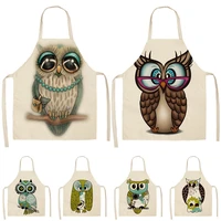 1pcs cartoon owl printed kitchen apron for woman sleeveless cotton linen aprons for cooking home cleaning tools 5365cm wq0055
