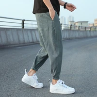 chinese style cotton linen cropped men pants casual baggy harem pants solid color elastic waist trousers vintage mens clothing