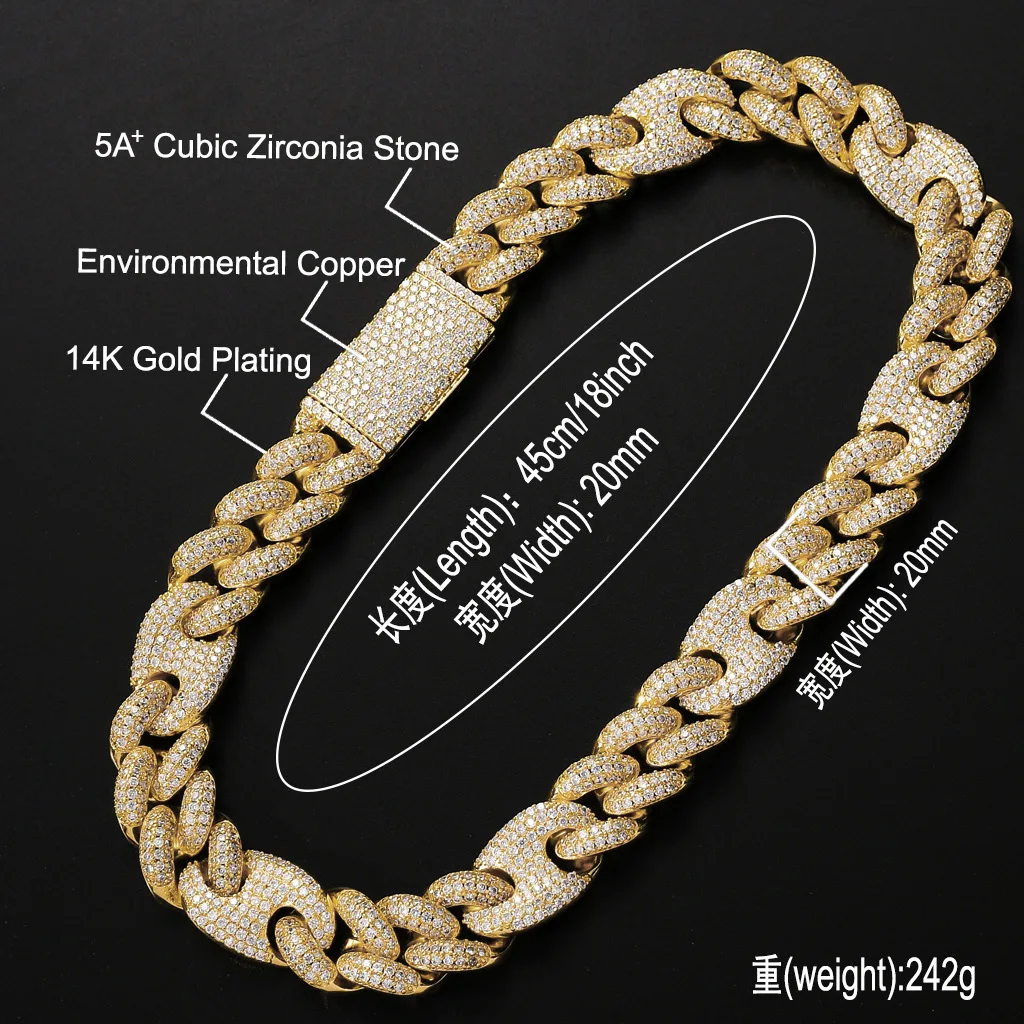 

Men's 20mm Heavy Iced Zircon Miami Cuban Link Necklace Choker Bling Bling Hip Hop Jewelry Gold Color Chain 18" 20" Drop Shipping