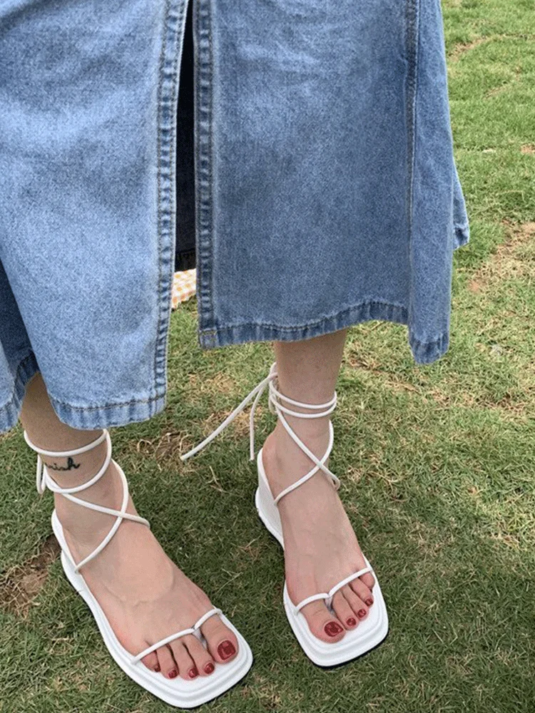 

Summer Ins Women Ankle Straps Cross-Shoes Wedges Sandals Casual Platform Thick Bottom Sandals Black High Heel Women's Shoes