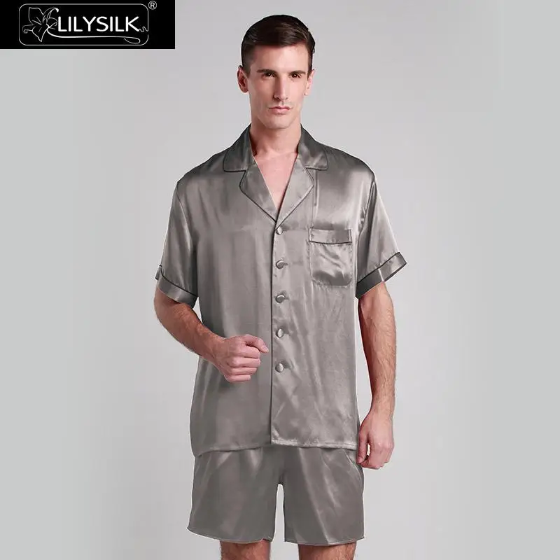 LilySilk пижамный комплект Мужская Ночная одежда из чистого 100 шелка с коротким