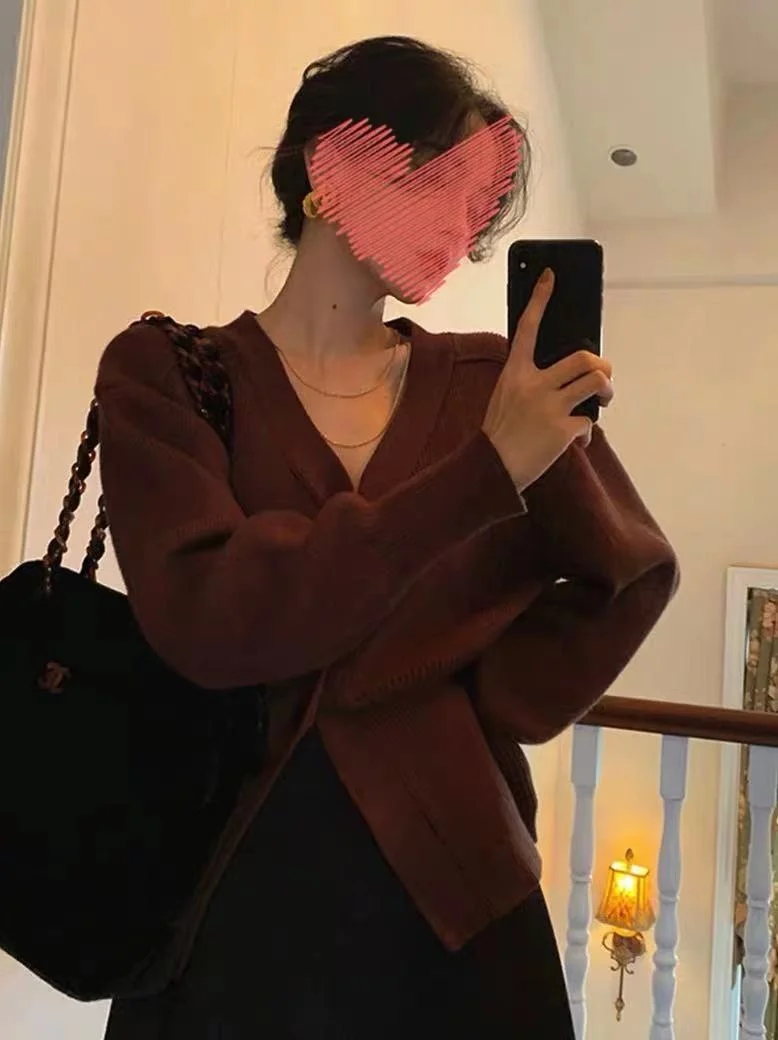 Ретро стиль 2021 в полудень Зимний Большой вязаный свитер с V-образным вырезом и