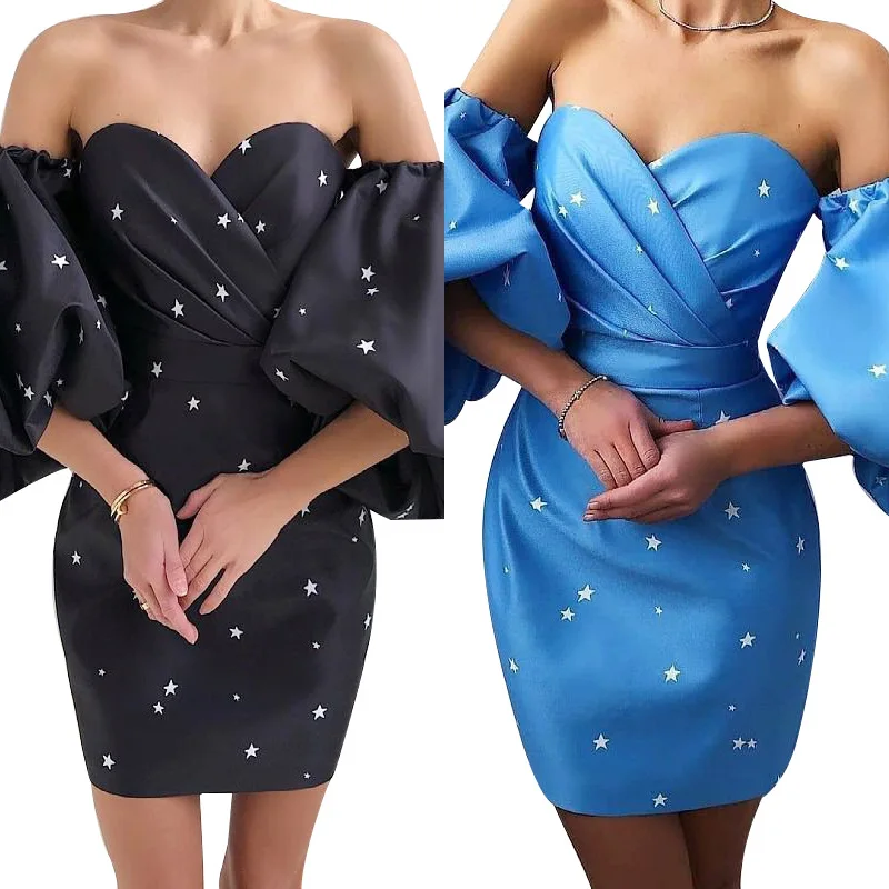 

WEPBEL Dress Women's Sexy Star Printed Slim Fit Backless Dress Summer Fashion Puff Sleeve High Waist Strapless Dress