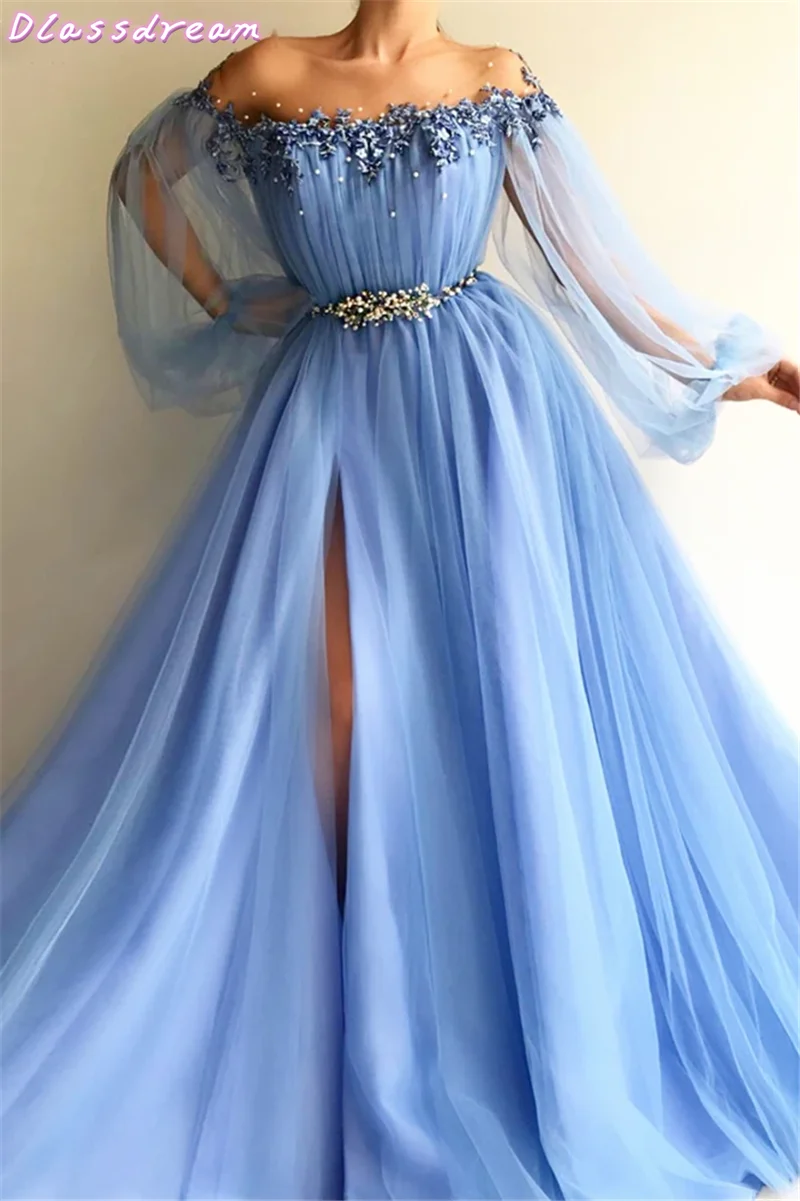 

Split Front Prom Dress Blue Appliques Beaded Illusion Cap Full Sleeves Elegant Evening Dress فساتين السهرة платье вечернее