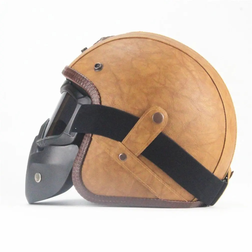 

Vintage Detachable Glasses And Mouth Filter Retro Mask Half Open Face Motorcycle Helmets 3/4 Leather Helmet