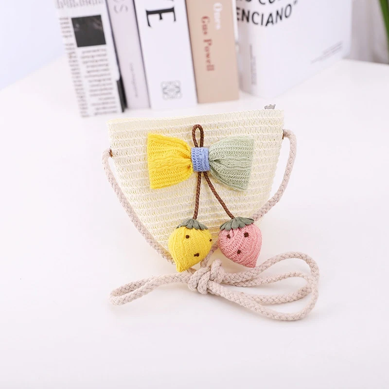 

Baby Summer Children's Leisure Strawberry Bowknot Outing Sunshade Straw Baby Striped Fitted Hat Bag Set