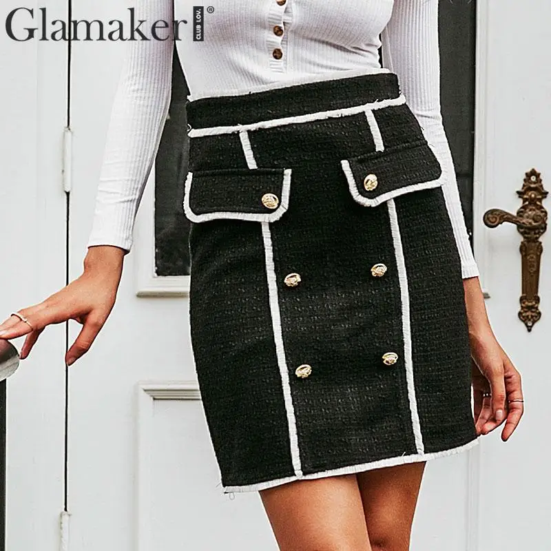 Glamaker, черная юбка трапециевидной формы с высокой талией, Женская двубортная элегантная юбка, осенняя модная Женская Клубная мини-юбка, Зимняя юбка