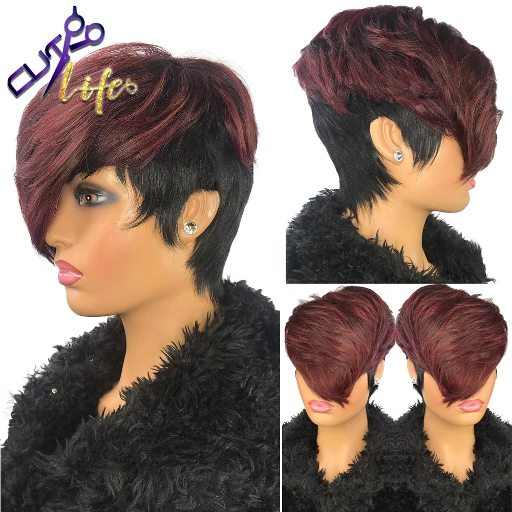 Бразильский короткие парики из человеческих волос с челкой бордовый 99J эффектом