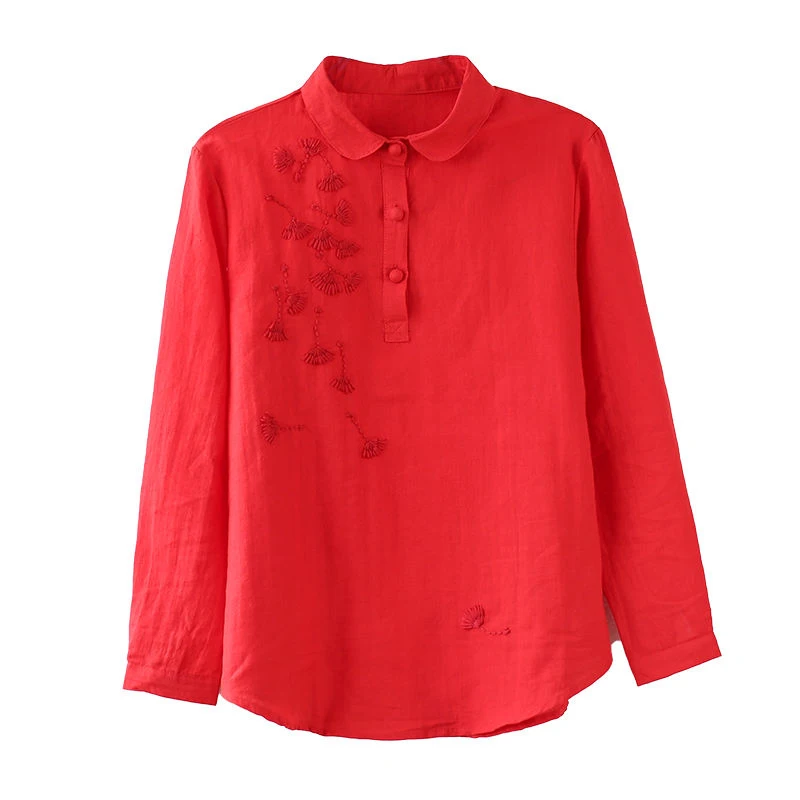 

100% Cotton Embroidery Shirts Autumn Women Long Sleeve Vintage Blouse Turn-down Collar Casual Tops Blusas Mujer Plus Size S214