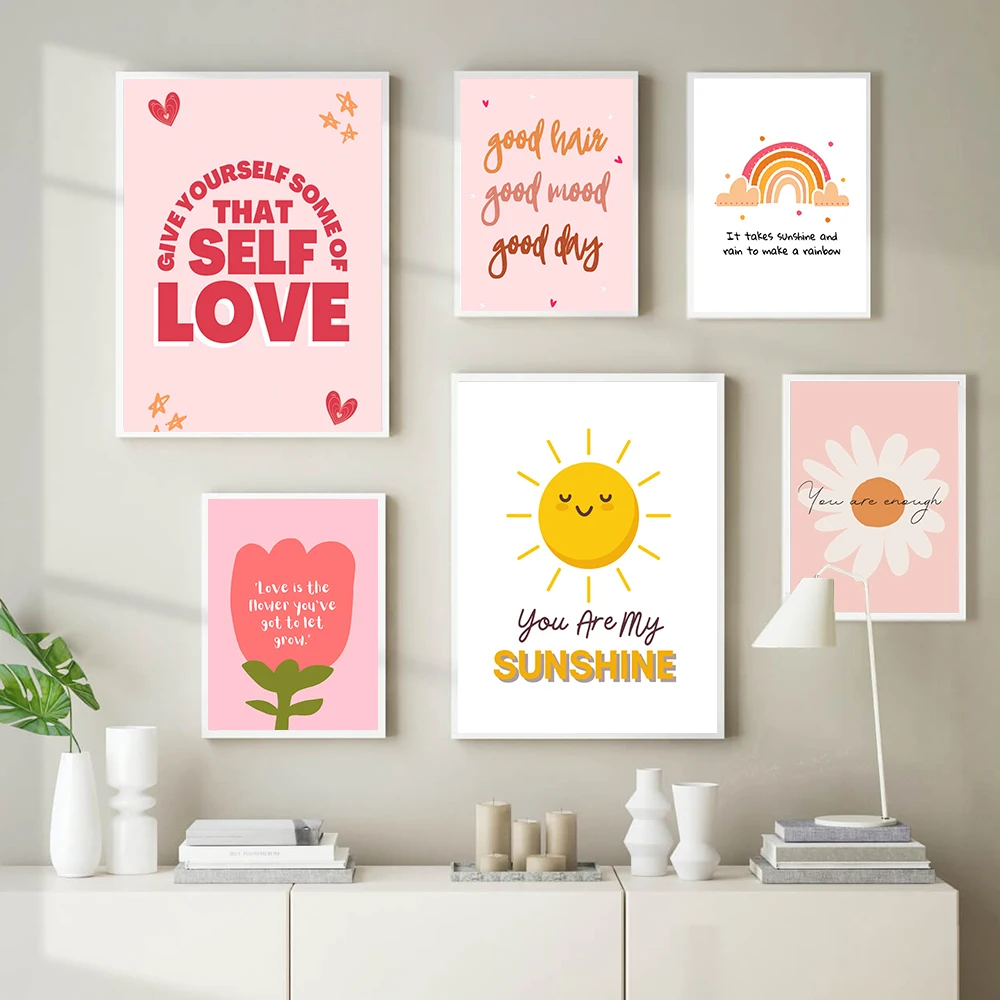 

Positive Self Love Letter Canvas Painting Motivational Care Inspiration Quotes Wall Art Poster Pictures Nursery Kids Room Decor