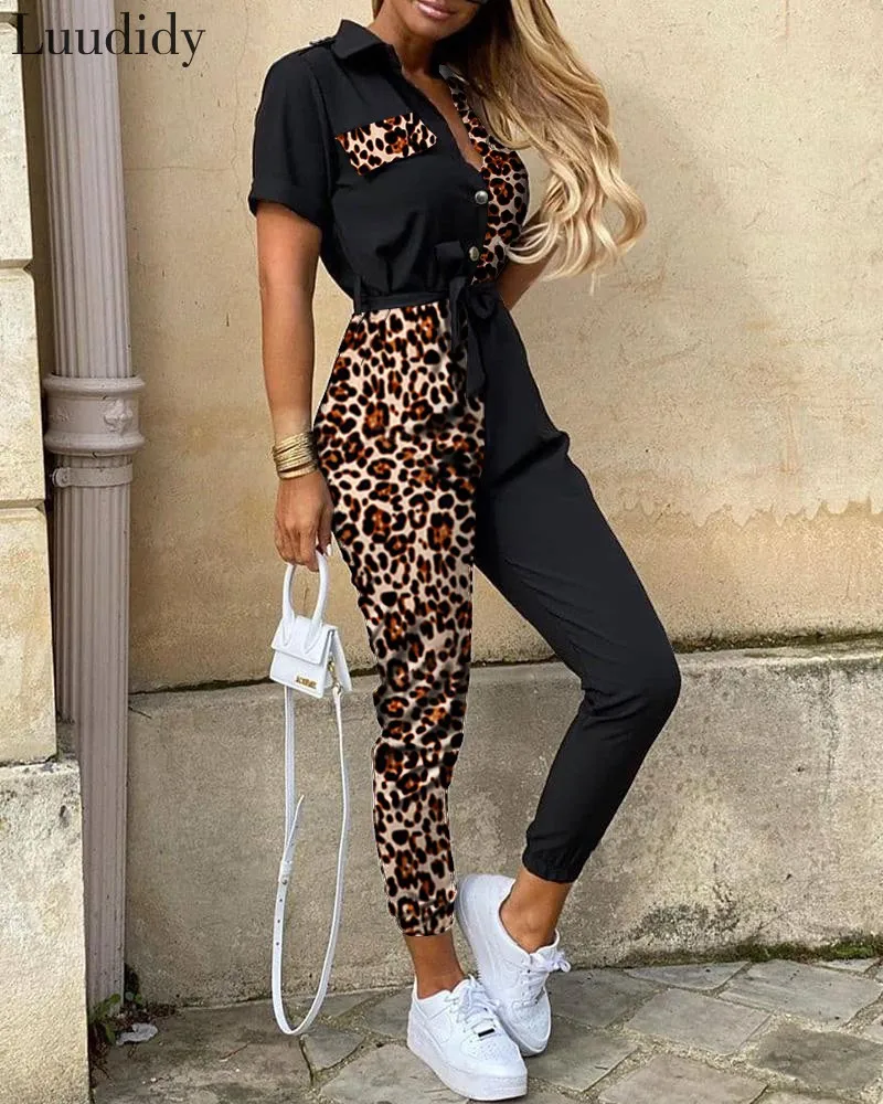 

Women Leopard Print Splicing Pactwork Belt Jumpsuit