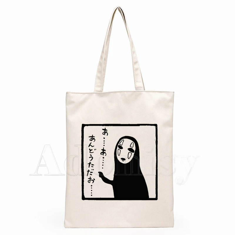 

Spirited Away Faceless Print Reusable Shopping Bag Women Canvas Tote Bags Printing Eco Bag Cartoon Shopper Shoulder Bags