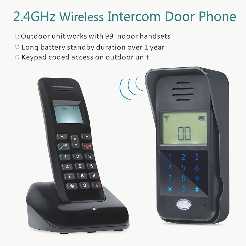 

Беспроводной аудиодомофон с дверным звонком, 2,4 ГГц, невизуальная цифровая Водонепроницаемая IP55, домашний безопасный монитор для строитель...