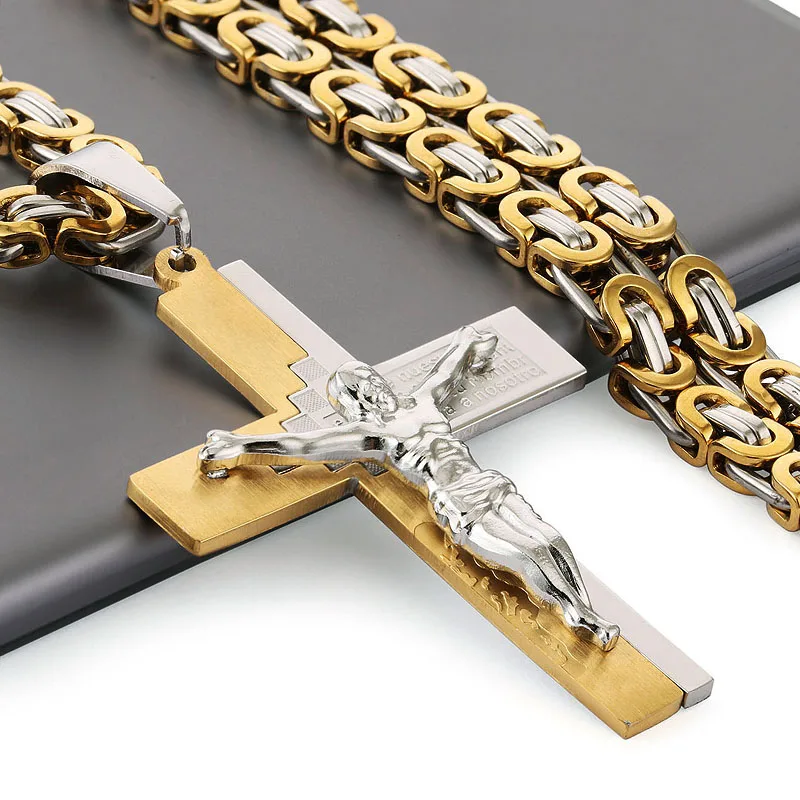 Библейский крест Иисуса Христа кулон ожерелье мужской золотой цвет нержавеющая