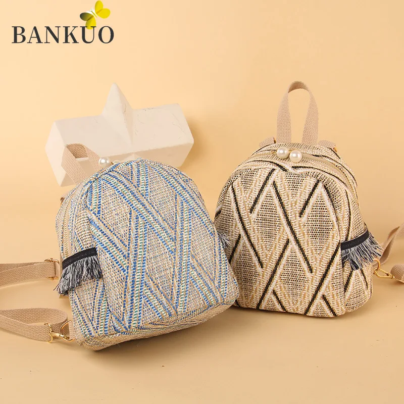 

BANKUO Womens Backpack NEW Pearl Woven Straw Hollow Shoulder Bag National Style Crossbody Bags for Women Fashion Female Bag X387