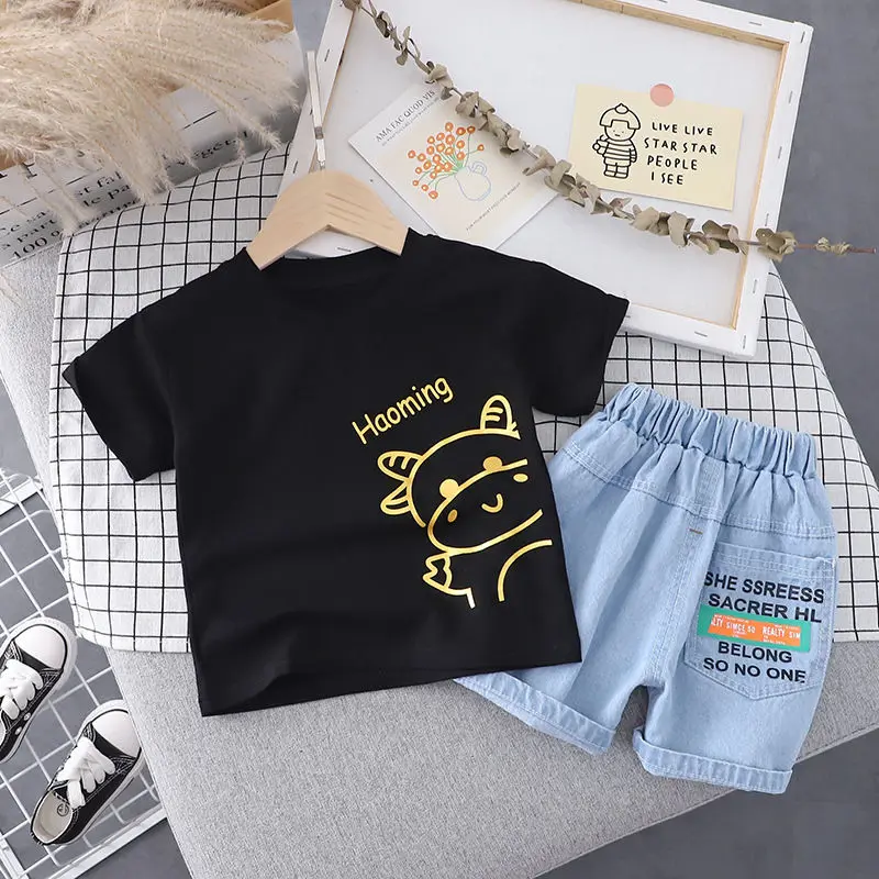 

New Hot Sale Baby Boys Clothes Cartoon Print Children's Clothing T-Shirt+Soft Denim Shorts 2 Pcs Kids Family Clothing Sets 1-5 Y