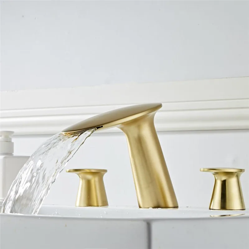 

Tuqiu Basin Faucet Brushed Gold Bathroom Sink Faucet 3 Hole Widespread Rose Gold Basin Mixer Hot And Cold Waterfall Tap New