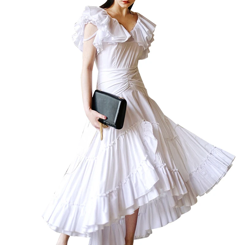 CHICEVER Asymmetrical Women's Dress V Neck Butterfly Sleeve High Waist Slim Korean Solid Female Dresses Fashion New Summer