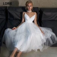 lorie short wedding dresses boho v neck pleats a line backless vintage wedding gown tulle tea length princess bridal dress 2021