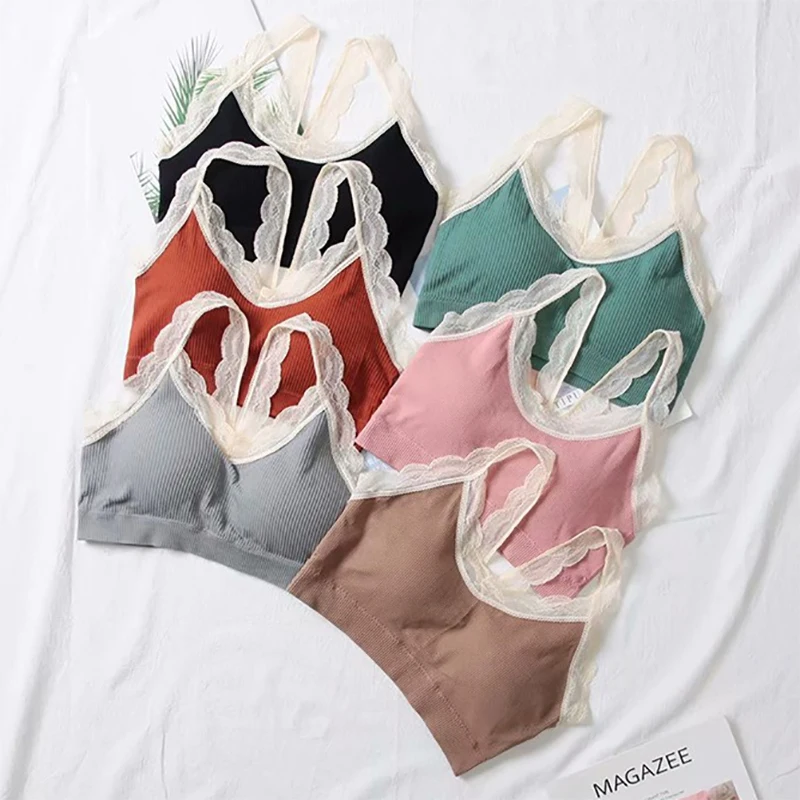 

Lace Strap Wireless Panties Women Cotton Bra Casual Colorful Sexy Female Padded Lingerie Sticky Plus Size Push Up Sport Bra Top