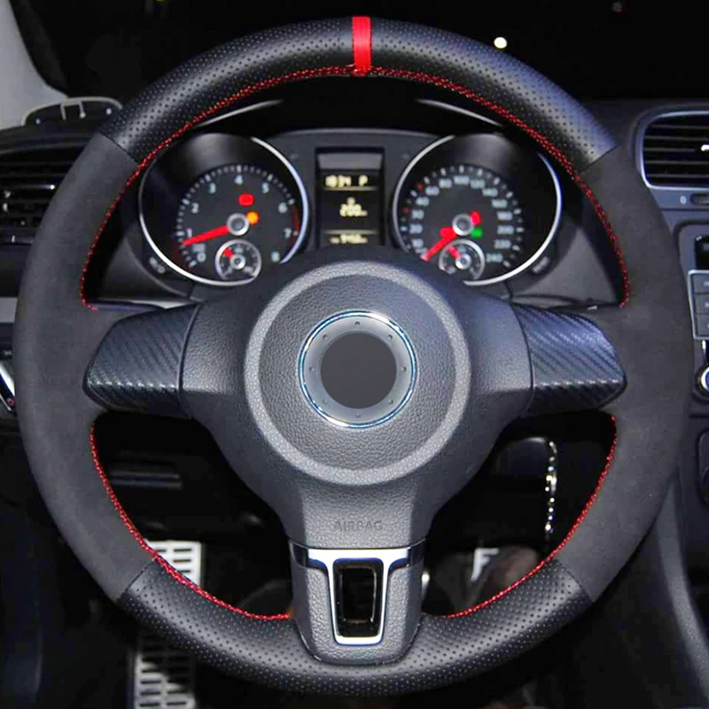 Red Thread Черный Натуральная кожа Замша Чехол рулевого колеса автомобиля для Volkswagen Golf 6 Mk6 VW Polo Sagitar Bora Santana Jetta MK5 - Color Name: Red Thread