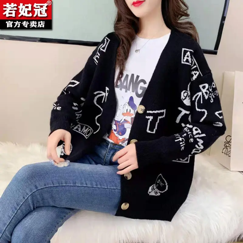 

2020 black V-neck knitted cardigan coat spring new women's loose fit Japanese sweater college style women's top 3322