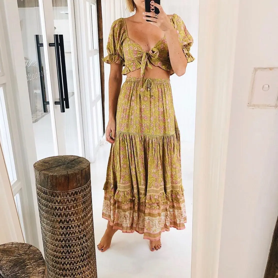 KHALEE YOSE Цветочные Boho 2 шт Набор макси юбки укороченный Топ Блузка осенние