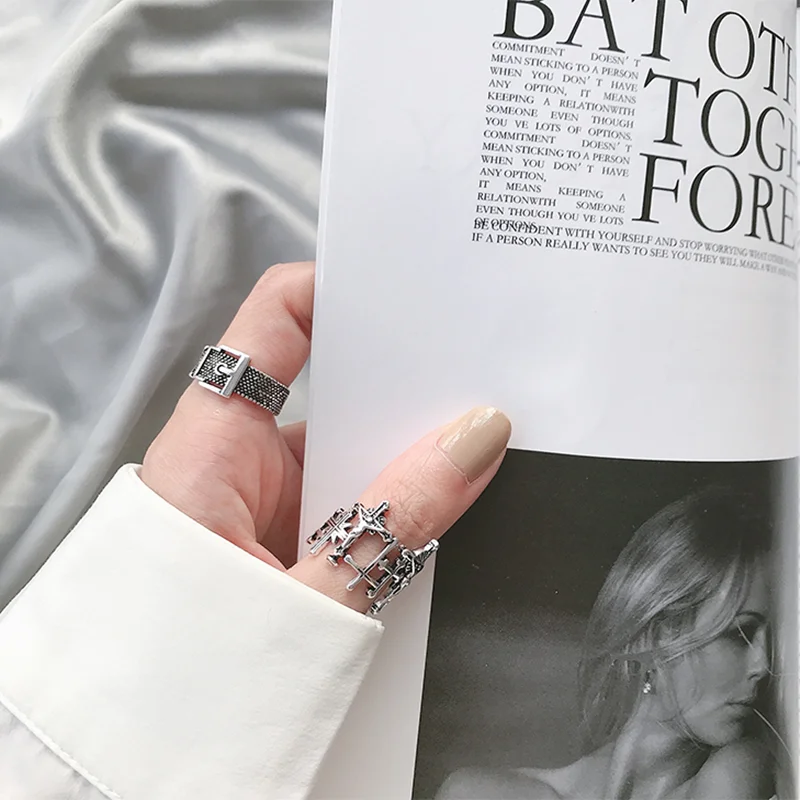 HUANZHI 2020 New Hip Hop Tibetan Silver Irregular Cross Belt Hollow Out Retro Adjustable Opening Ring for Women Men Jewelry | Украшения и