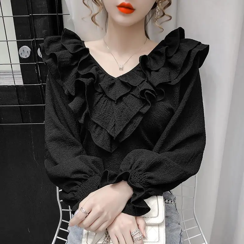 

Chiffon Blouse Women Vintage Long Sleeve Solid Ruffles Neck Fashion Top Style Female Clothes New Women's Autumn