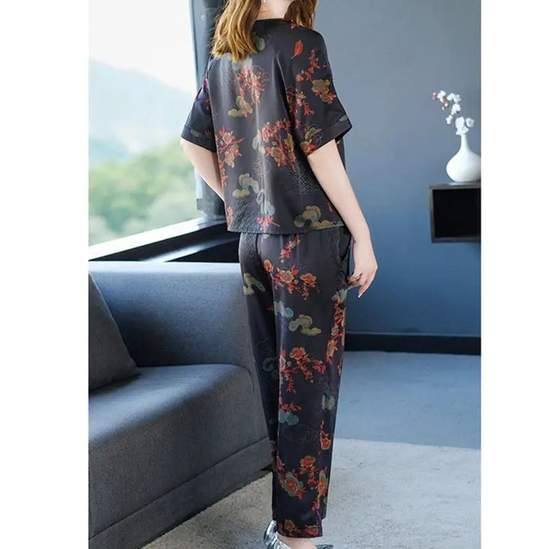

Faux Silk Set Women 2021 Summer Mother Wear Fashion Loose Printed Wide-leg Pants Suits Plus Size Two-piece Women's Clothes Y899