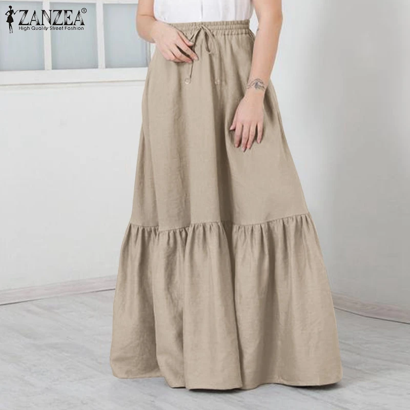 

ZANZEA Elastic Waist Solid Sundress Women Casual Ruffles Skirt Holiday Party Female Jupe Robe Summer Elegant Lace Up Faldas Saia