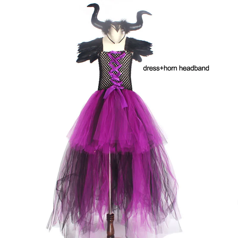 dress heaband Платье-пачка для девочек на Хеллоуин «Maleficent Evil Dark queen» с рогами «Wicked Witch»; Детские вечерние костюмы для костюмированной вечеринки; нарядная одежда - Цвет: dress heaband