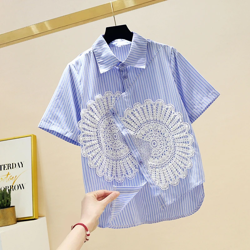 

Blue Striped Blouse for Women Shirts 2020 Summer New Chest Beaded Applique Irregular Hem Striped Short Sleeve Shirt Korean Tops
