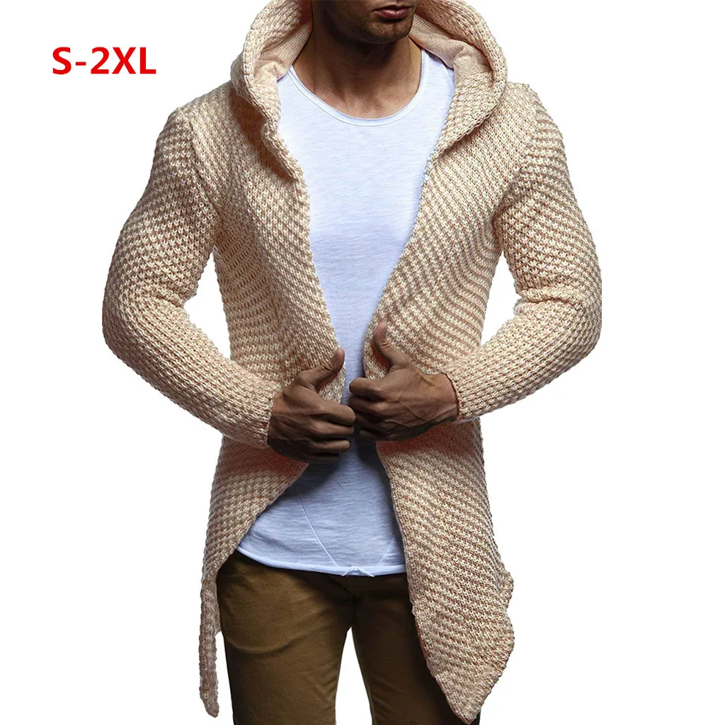Мужской вязаный кардиган с капюшоном однотонный для отдыха на осень | Мужская