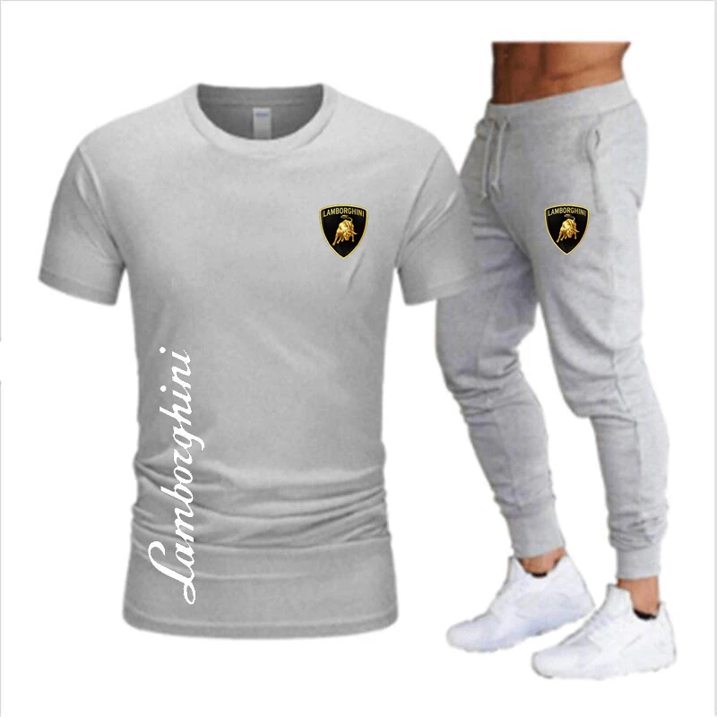 

Summer Cotton men's sets Funny Casual Short-Sleeved Solid Color Unisex Round Neck suit t-shirt Sports Top +Shorts 2 Piece Set