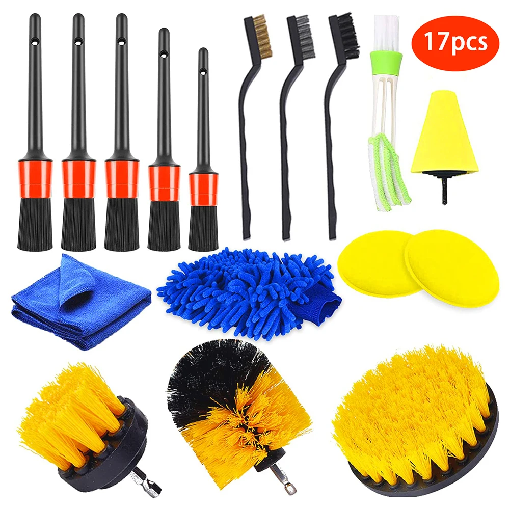 

17pcs Detailing Brush Set Power Scrubber Drill Brushes Car Detail Brush For Air Vent Car Polish Pad For Glass Tire Rim Cleaning