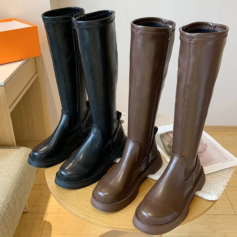 

Knee High Boots 2021 Autumn Winter Women Flats With Round Toe Shoes Fashion Female Zipper Shoes Ladies Spring Modern Boots