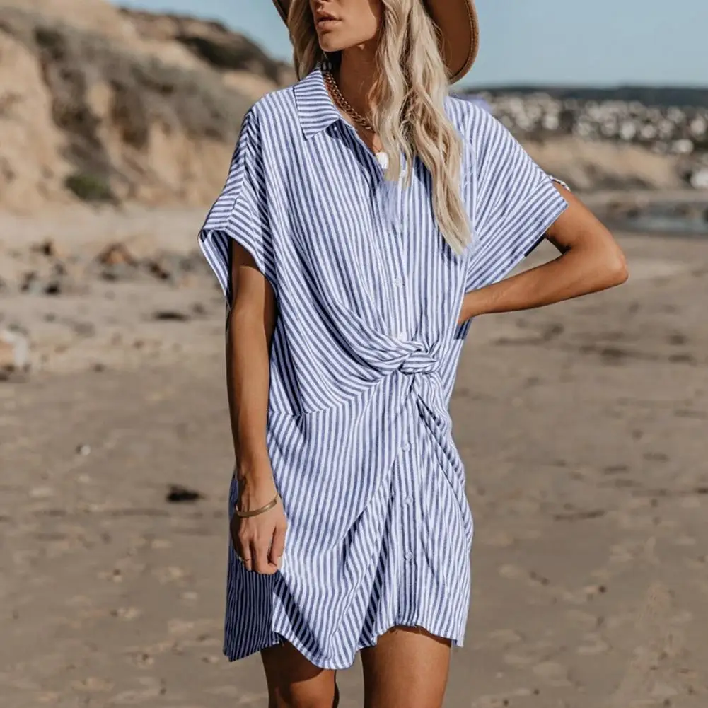 

Travel Dress Lapel Collar Elegant Polyester Short Sleeve Vertical Striped One-piece Dress Lady Button Office Long Shirts Vestido