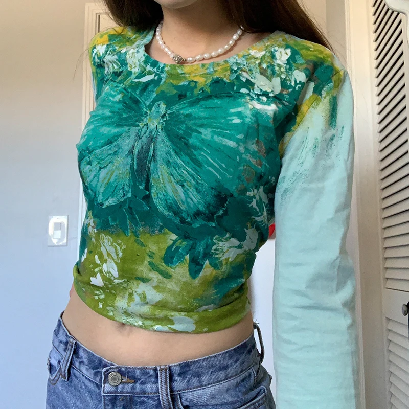 

Hirigin Butterfly Print Tee Vintage Harajuku Cute Chic Green Tops Tee Streetwear Casual Long Sleeve Shirts Y2K Grunge Tshirts