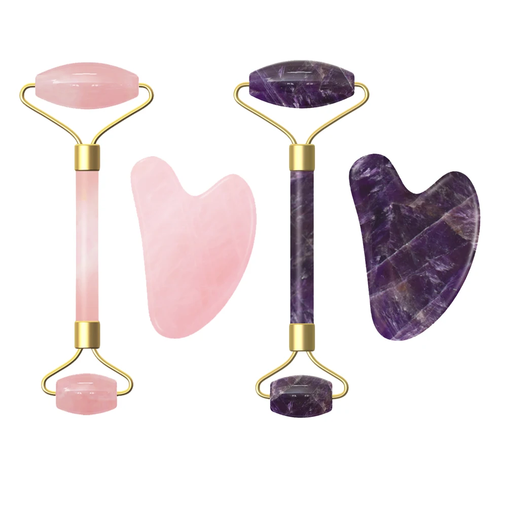 Нефритовый роллер-массажер для лица и гуаша из розового кварца |