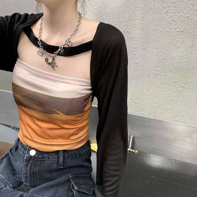 

Summer Gradient T Shirt Women 2021 New Arrival Long Sleeve Sexy Short Crop Top Tees Shirt YOU779